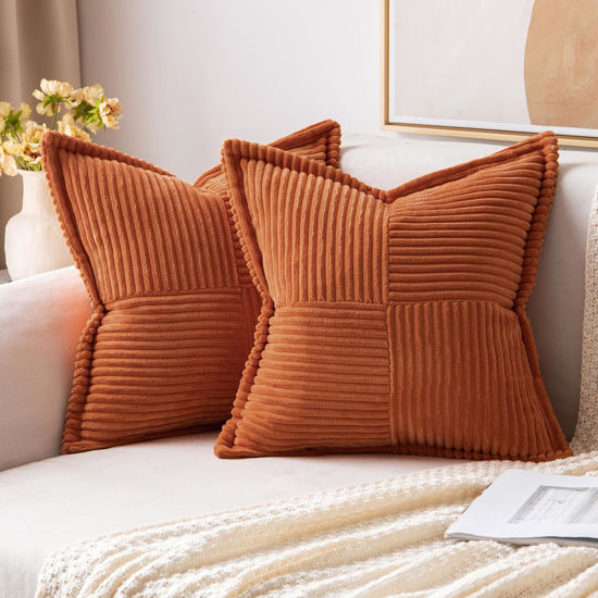 Picture of MIULEE Rust Pillow Covers 20x20 Inch with Splicing Set of 2 Super Soft Boho Striped Corduroy Pillow Covers Broadside Decorative Textured Throw Pillows for Couch Cushion Livingroom