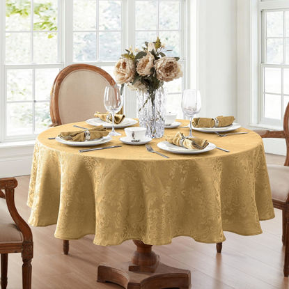 Picture of Elrene Home Fashions Caiden Elegance Damask Waterproof, Stain & Wrinkle Resistant Fabric Tablecloth, 60" x 84" Oval, Gold