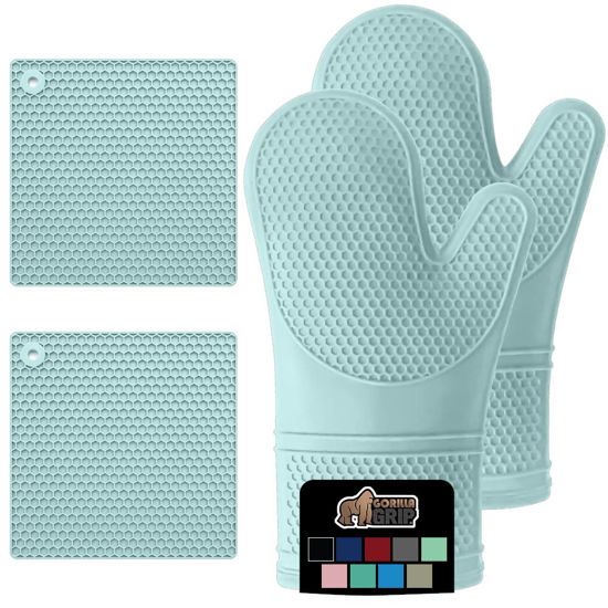 Picture of Gorilla Grip BPA-Free Soft Silicone Oven Mitts and Potholder Set of 4, Heat Resistant Hot Pads, Thick Cotton Lined Cooking Mitt, Long Gloves Protect Hands, Kitchen Waterproof Trivet Mats, 12.5" Mint