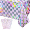 Picture of 3Pack Iridescent Checkered and Purple Plastic Tablecloths Shiny Disposable Laser Rectangle Table Covers Holographic Foil Tablecloth Iridescent Party Decorations Birthday Bridal Baby Shower, 54x108Inch