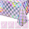 Picture of 3Pack Iridescent Checkered and Purple Plastic Tablecloths Shiny Disposable Laser Rectangle Table Covers Holographic Foil Tablecloth Iridescent Party Decorations Birthday Bridal Baby Shower, 54x108Inch