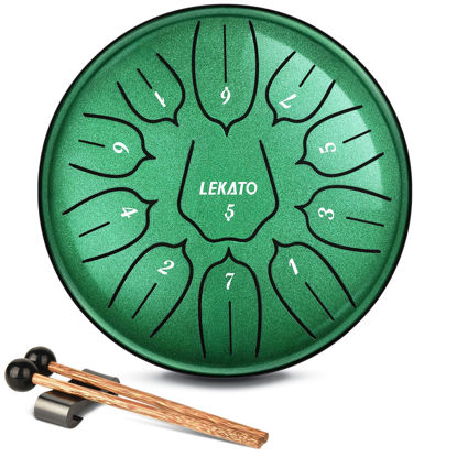 Picture of LEKATO Steel Tongue Drum 6 Inch 11 Note, Chakra Drum for Rain D Major Handpan Drum Percussion for Meditation Yoga Musical Education, Christmas Gift for Families/Friends/Beginner, Green