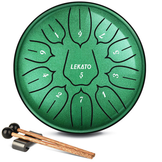 Picture of LEKATO Steel Tongue Drum 6 Inch 11 Note, Chakra Drum for Rain D Major Handpan Drum Percussion for Meditation Yoga Musical Education, Christmas Gift for Families/Friends/Beginner, Green