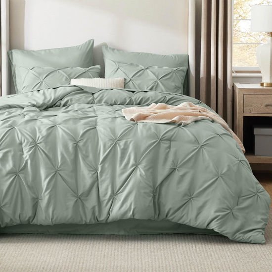 Picture of Bedsure Full Size Comforter Sets - Bedding Sets Full 7 Pieces, Pintuck Bed in a Bag Sage Green Bed Set with Comforter, Sheets, Pillowcases & Shams