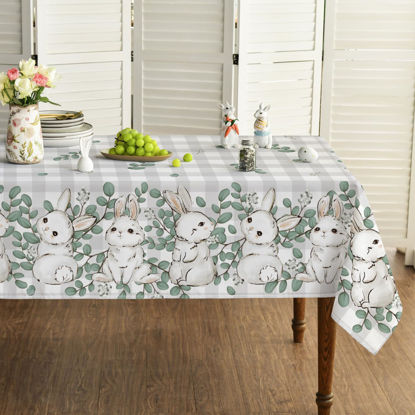 Picture of Horaldaily Easter Tablecloth 60×60 Inch, Spring Bunnies Eucalyptus Washable Table Cover for Party Picnic Dinner Decor