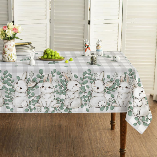 Picture of Horaldaily Easter Tablecloth 60×60 Inch, Spring Bunnies Eucalyptus Washable Table Cover for Party Picnic Dinner Decor