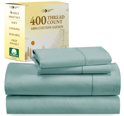 Picture of California Design Den 100% Cotton Sheets, Softest Queen Sheet Set, Cooling Sheets for Queen Size Bed with Deep Pockets, 400 Thread Count Sateen, Bedding Sheets & Pillowcases, Queen Sheets (Teal)