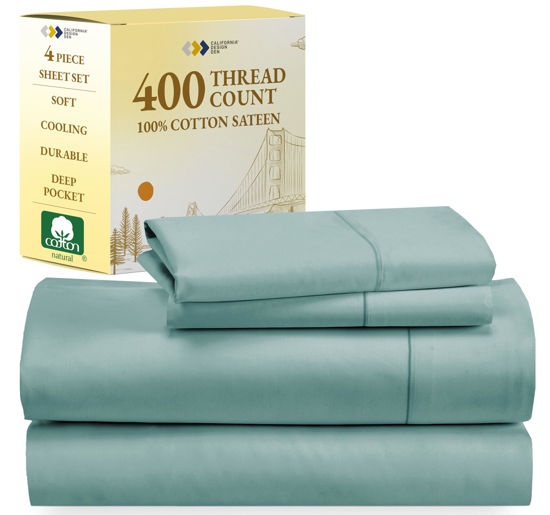 Picture of California Design Den 100% Cotton Sheets, Softest Queen Sheet Set, Cooling Sheets for Queen Size Bed with Deep Pockets, 400 Thread Count Sateen, Bedding Sheets & Pillowcases, Queen Sheets (Teal)