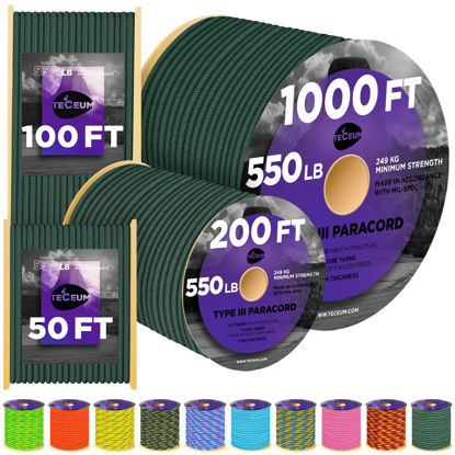 Picture of TECEUM Paracord Type III 550 Army Green - 50 ft - 4mm - Tactical Rope MIL-SPEC - Outdoor para Cord -Camping Hiking Fishing Gear and Equipment - EDC Parachute Cord - Strong Survival Rope 011b