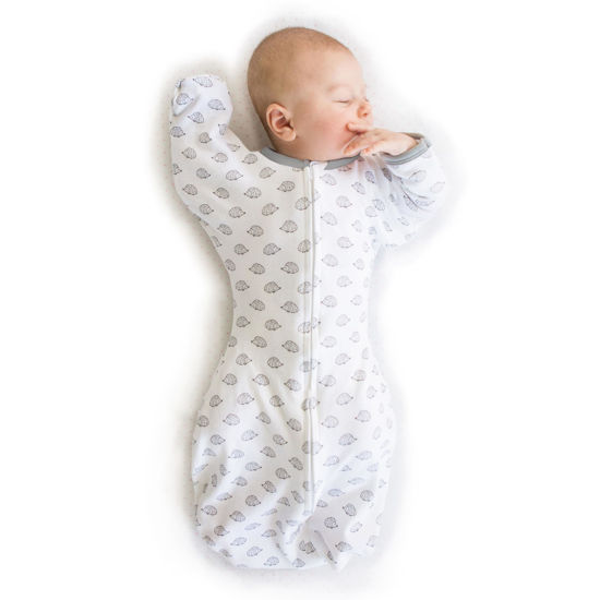 Picture of SwaddleDesigns Transitional Swaddle Sack with Arms Up Half-Length Sleeves & Mitten Cuffs, Large, 6-9 months, 21-24 lbs, Tiny Hedgehogs (Arms Up Swaddle, Transition Swaddle Sleep Sack for Better Sleep)