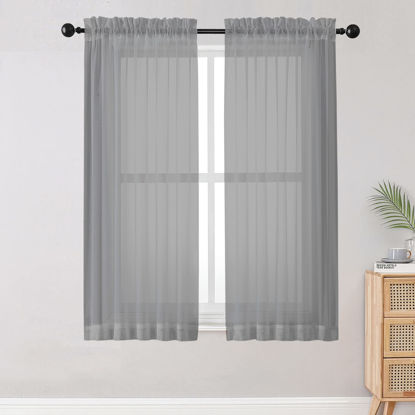Picture of OWENIE Sheer Curtains Living Room 54 inches Long, Rod Pocket Curtain Sheers Bedroom, Light Filtering Voile Panels Drapes Small Window Treatments 2 Panels, 42" W x 54" L, Grey