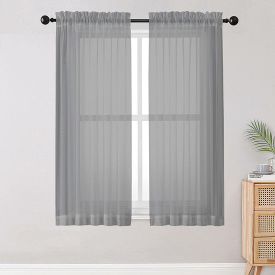 Picture of OWENIE Sheer Curtains Living Room 54 inches Long, Rod Pocket Curtain Sheers Bedroom, Light Filtering Voile Panels Drapes Small Window Treatments 2 Panels, 42" W x 54" L, Grey