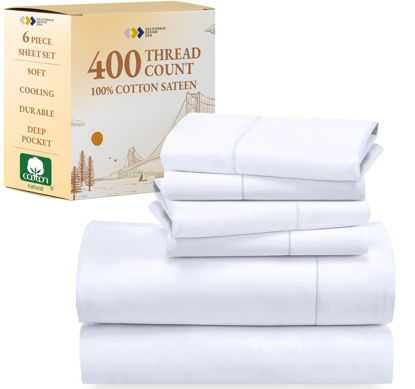 Picture of California Design Den 6-Pc King Size Sheet Set with 4 Pillowcases - Soft 400 Thread Count 100% Cotton Sheets, Cooling Sateen Weave, Luxury Deep Pocket Bedsheets Set - Bright White