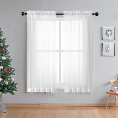 Picture of OWENIE Sheer White Curtains Living Room 54 inches Long, Rod Pocket Curtain Sheers Bedroom, Light Filtering Voile Panels Drapes Small Window Treatments 2 Panels, 42" W x 54" L, White
