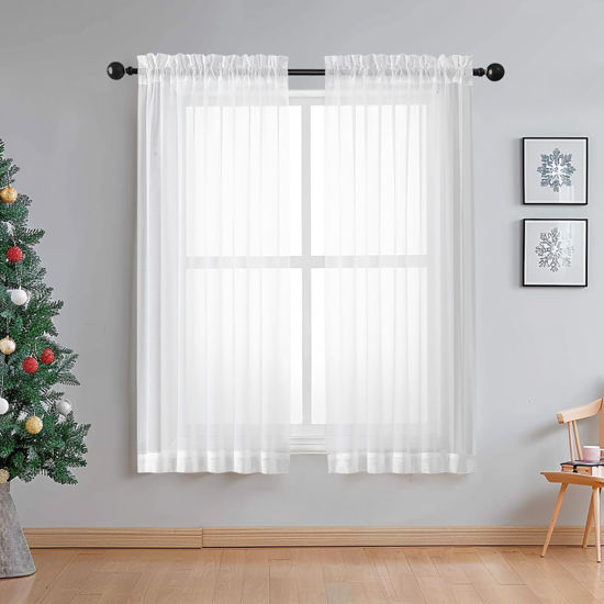 Picture of OWENIE Sheer White Curtains Living Room 54 inches Long, Rod Pocket Curtain Sheers Bedroom, Light Filtering Voile Panels Drapes Small Window Treatments 2 Panels, 42" W x 54" L, White