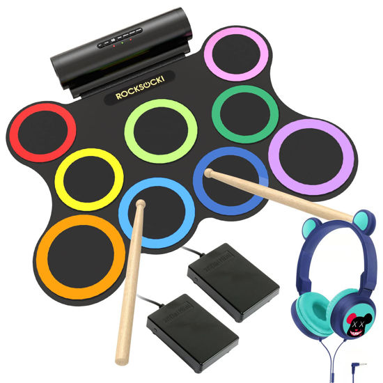 Picture of ROCKSOCKI Electric Drum Set 9-Pad With Headphone, Bigger Roll-up Drum Pad USB MIDI Game, Built-in Speaker, Drum Sticks, Foot Pedals 10 Hours Playtime Holiday Xmas Birthday Gift for Kids