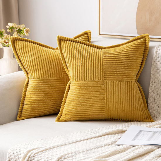 Picture of MIULEE Mustard Yellow Pillow Covers 18x18 Inch with Splicing Set of 2 Super Soft Boho Striped Corduroy Pillow Covers Broadside Decorative Spring Throw Pillows for Couch Cushion Livingroom