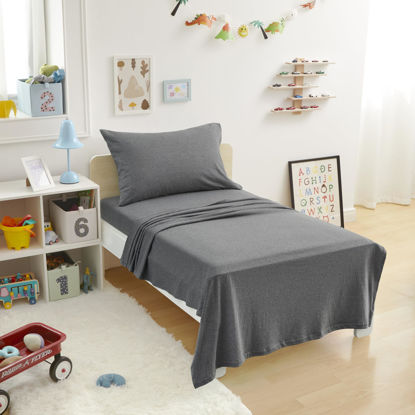 Picture of Amazon Basics 100% Cotton Jersey 3-Piece Toddler Sheet Set, Super Soft, Breathable - includes a Flat Sheet, a Fitted Sheet and a Pillowcase, 28 x 52 Inches, Dark Gray, Solid
