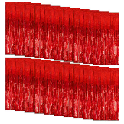 Picture of 20 Pack Foil Curtain Backdrop Red Metallic Tinsel Foil Fringe Curtains Photo Booth Props for Birthday Wedding Engagement Baby Shower Bachelorette Christmas Holiday Celebration Party Decorations