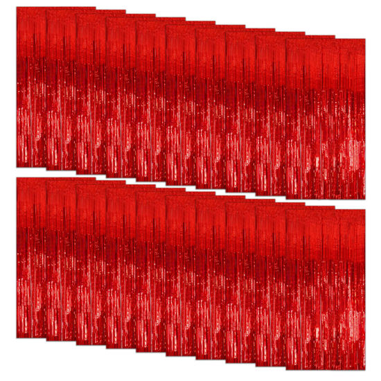 Picture of 20 Pack Foil Curtain Backdrop Red Metallic Tinsel Foil Fringe Curtains Photo Booth Props for Birthday Wedding Engagement Baby Shower Bachelorette Christmas Holiday Celebration Party Decorations