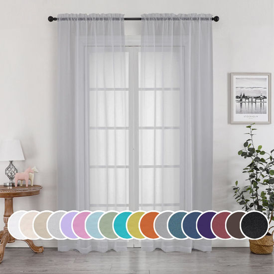Picture of OWENIE Light Grey Sheer Curtains 84 inches Long 2 Panels Set for Bedroom Living Room, Soft Solid Living Room Sheer Curtain, Rod Pocket Light Filtering Farmhouse Curtains, 2 Pcs Each 42“ W x 84" L