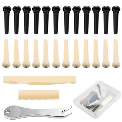 Picture of 24 Pcs Acoustic Guitar Bridge Pins with Bridge Pin Puller Remover & Guitar Bridge Saddle Nut, Guitar Pegs Replacement Parts and Accessories