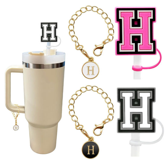 Picture of （2+2）2PCS Straw Cover for Stanley Cup 30&40 Oz 10mm Straw Topper with 2PCS Stanley Cup Accessories Letter Charms Name ID Initial Letter Handle Personalized Charm For Stanley Tumbler (Letter H)
