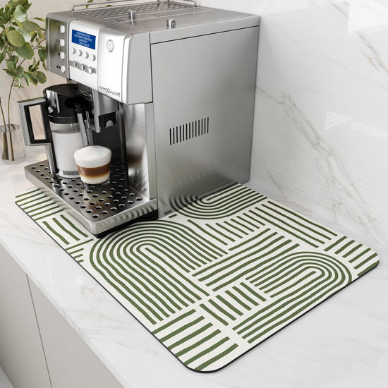 Picture of AMOAMI-Coffee Mat Hide Stain Rubber Backed Absorbent Dish Drying Mat for Kitchen Counter-Coffee Bar Accessories Fit Under Coffee Maker Coffee Machine Espresso Machine Dish Rack GREEN LINE 16X24