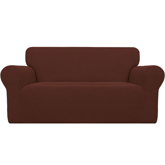Picture of Easy-Going Stretch Oversized Loveseat Slipcover 1-Piece Sofa Cover Furniture Protector Couch Soft with Elastic Bottom for Kids Polyester Spandex Jacquard Fabric Small Checks Coffee