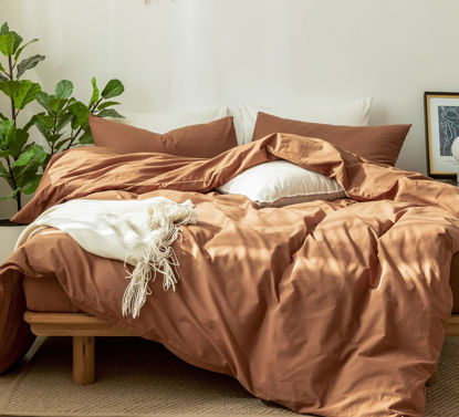 Picture of MooMee Bedding Duvet Cover Set 100% Washed Cotton Linen Like Textured Breathable Durable Soft Comfy (Dark Orange, Full)