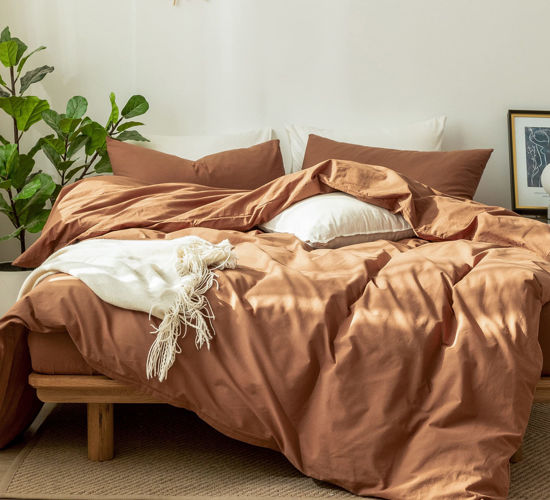 Picture of MooMee Bedding Duvet Cover Set 100% Washed Cotton Linen Like Textured Breathable Durable Soft Comfy (Dark Orange, Full)