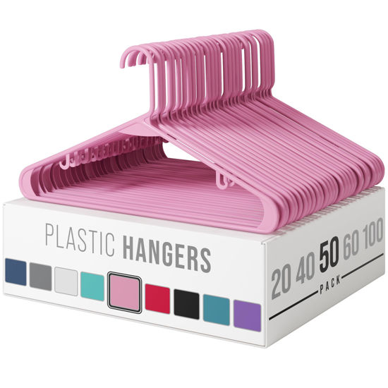 Picture of NEATERIZE Plastic Hangers 50 Pack Pink - Clothes Hangers - Makes The Perfect Coat Hanger and General Space Saving Clothes Hangers for Closet - Percheros Ganchos para Colgar Ropa Hangars