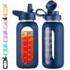 Picture of CIVAGO 32 oz Glass Water Bottle with Straw and Handle, Large Sports Motivational Water Bottle Flask with Time Marker and 2 Lids, Leakproof Water Jug Canteen with Silicone Sleeve for Gym,Navy
