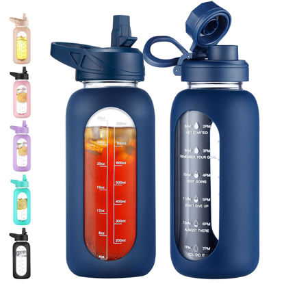 Picture of CIVAGO 32 oz Glass Water Bottle with Straw and Handle, Large Sports Motivational Water Bottle Flask with Time Marker and 2 Lids, Leakproof Water Jug Canteen with Silicone Sleeve for Gym,Navy