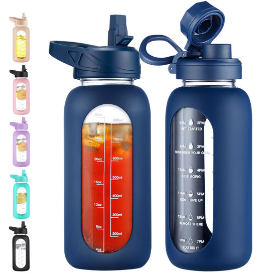 Picture of CIVAGO 32 oz Glass Water Bottle with Straw and Handle, Large Sports Motivational Water Bottle Flask with Time Marker and 2 Lids, Leakproof Water Jug Canteen with Silicone Sleeve for Gym,Navy