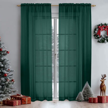 Picture of OWENIE Green Sheer Curtains 84 Inches Long for 2 Panels Set for Christmas, Solid Light Filtering Fimly Voile Sheer Curtains for Living Room Bedroom, Hunter Green, 42"x84"