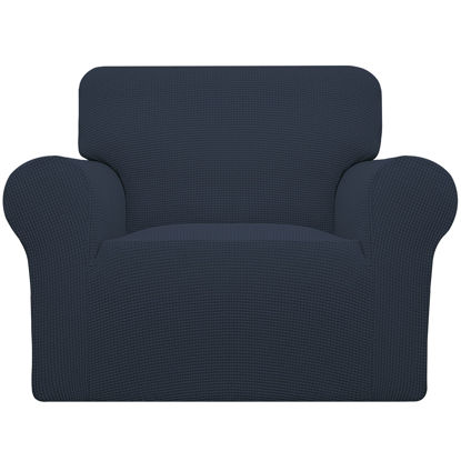 Picture of Easy-Going Stretch Chair Sofa Slipcover 1-Piece Couch Sofa Cover Furniture Protector Soft with Elastic Bottom for Kids, Pet. Spandex Jacquard Fabric Small Checks (Chair, Dark Blue)