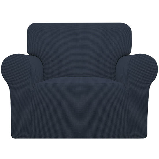 Picture of Easy-Going Stretch Chair Sofa Slipcover 1-Piece Couch Sofa Cover Furniture Protector Soft with Elastic Bottom for Kids, Pet. Spandex Jacquard Fabric Small Checks (Chair, Dark Blue)