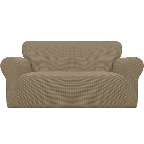 Picture of Easy-Going Stretch Oversized Loveseat Slipcover 1-Piece Sofa Cover Furniture Protector Couch Soft with Elastic Bottom for Kids Polyester Spandex Jacquard Fabric Small Checks Tan