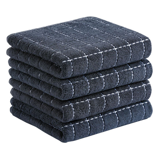 Picture of Homaxy 100% Cotton Terry Kitchen Towels(Dark Grey, 13 x 28 inches), Checkered Designed, Soft and Super Absorbent Dish Towels, 4 Pack