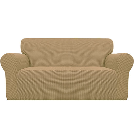 Picture of Easy-Going Stretch Loveseat Slipcover 1-Piece Sofa Cover Furniture Protector Couch Soft with Elastic Bottom for Kids Polyester Spandex Jacquard Fabric Small Checks (Loveseat, Golden)