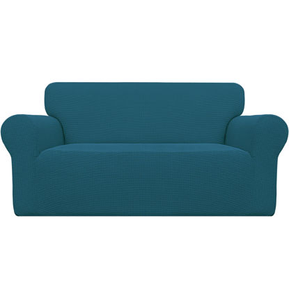 Picture of Easy-Going Stretch Loveseat Slipcover 1-Piece Sofa Cover Furniture Protector Couch Soft with Elastic Bottom for Kids Polyester Spandex Jacquard Fabric Small Checks (Loveseat, Peacock Blue)