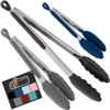 Picture of Gorilla Grip Stainless Steel Heat Resistant Kitchen Tongs for Cooking, 7 + 9 + 12 Inch Set of 3 BBQ Tong, Non Scratch Silicone Tip for Pans, Strong Grip, Grab Food, Salad, Pull Lock, Black Gray Blue
