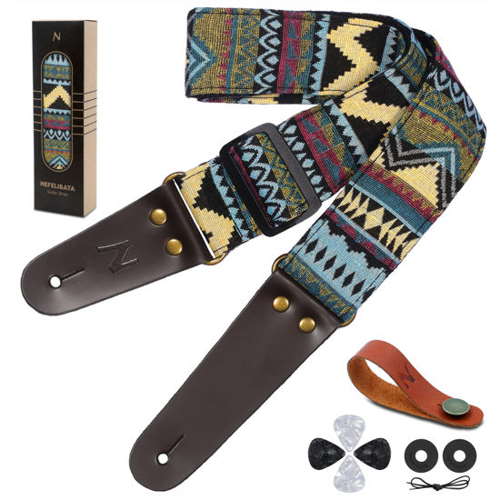 Picture of Nefelibata Guitar Strap, Vintage Cotton Guitar Straps with Genuine Leather Ends for Bass, Electric & Acoustic Guitars, Come with Free Strap Button, 2 Strap Locks and 4 Guitar Picks