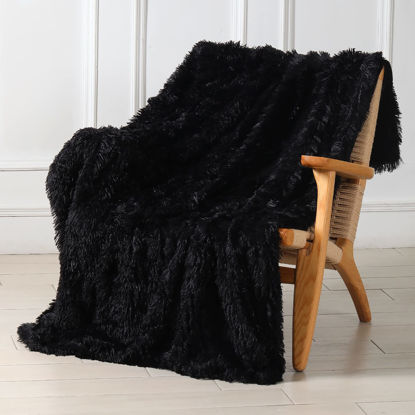 Picture of Tuddrom Decorative Extra Soft Faux Fur Blanket Queen Size 80" x 90",Solid Reversible Fuzzy Long Hair Shaggy Blanket,Fluffy Cozy Plush Fleece Comfy Microfiber Fur Blanket for Couch Sofa Bed,Black