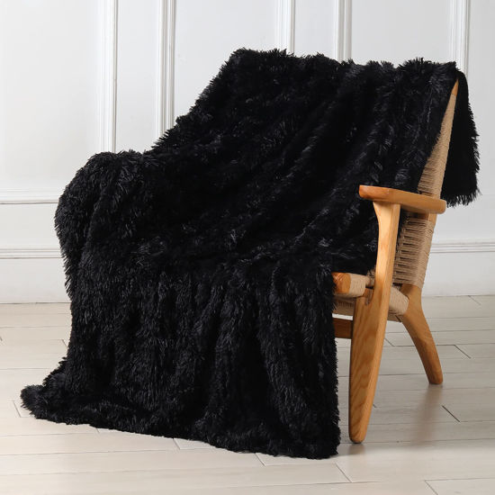 Picture of Tuddrom Decorative Extra Soft Faux Fur Blanket Queen Size 80" x 90",Solid Reversible Fuzzy Long Hair Shaggy Blanket,Fluffy Cozy Plush Fleece Comfy Microfiber Fur Blanket for Couch Sofa Bed,Black