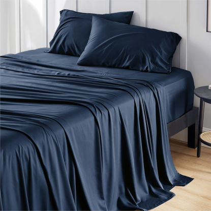 Picture of Bedsure Queen Sheets, Rayon Derived from Bamboo, Queen Cooling Sheet Set, Deep Pocket Up to 16", Breathable & Soft Bed Sheets, Hotel Luxury Silky Bedding Sheets & Pillowcases, Navy