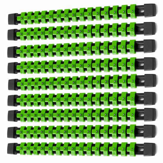 Picture of ALOANES 9 PC ABS Socket Organizer, 3/8 inch, Drive Socket Rail Holders, Heavy Duty Socket Racks, Black Rails with Green Clips