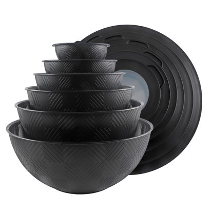 Picture of COOK WITH COLOR Mixing Bowls with Lids - 12 Piece Plastic Nesting Bowls Set includes 6 Prep Bowls and 6 Lids, Non Slip Bottom and Rhombus Design - Microwave Safe (Black)