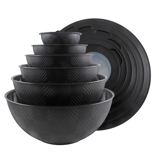 Picture of COOK WITH COLOR Mixing Bowls with Lids - 12 Piece Plastic Nesting Bowls Set includes 6 Prep Bowls and 6 Lids, Non Slip Bottom and Rhombus Design - Microwave Safe (Black)